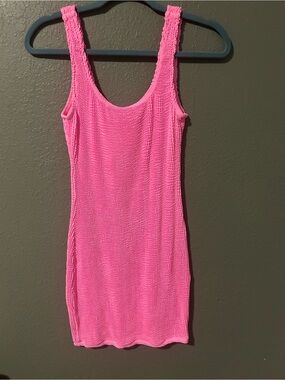 Beach Haus One Size Neon Pink Crinkle Stretch Swim Dress /  Lined Cover-Up